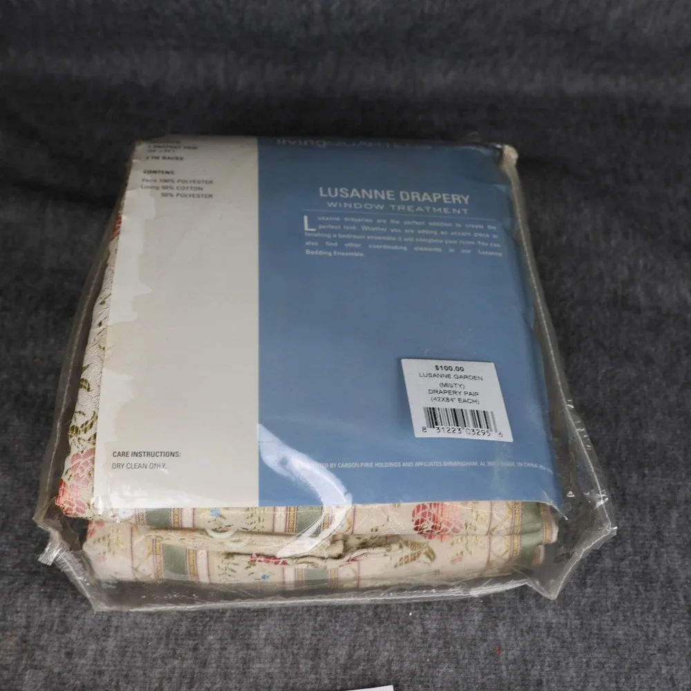 Living Quarters Lusanne Window Drapery Pair 84x84 Beige Floral Lined Rod Pocket